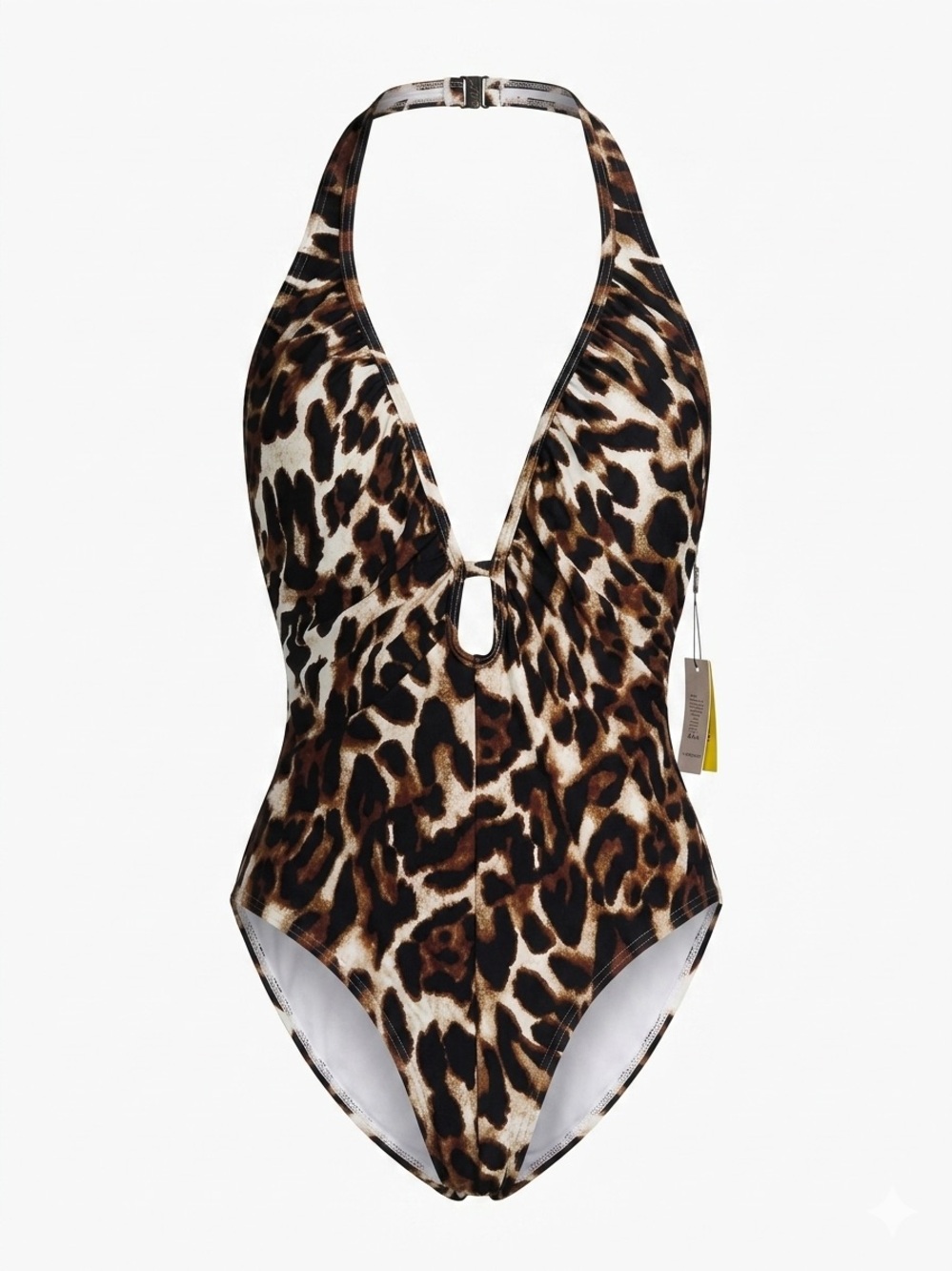 Vince Camuto Leopard Halter One-Piece Swimsuit - Brown, Black, Cream